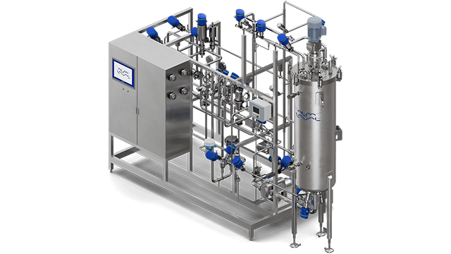 Stainless‑steel industrial fermentation system with integrated control panel, automated valves, sensors, and a tall bioreactor vessel designed for bioprocessing, pharmaceutical production, and high‑precision fermentation operations.